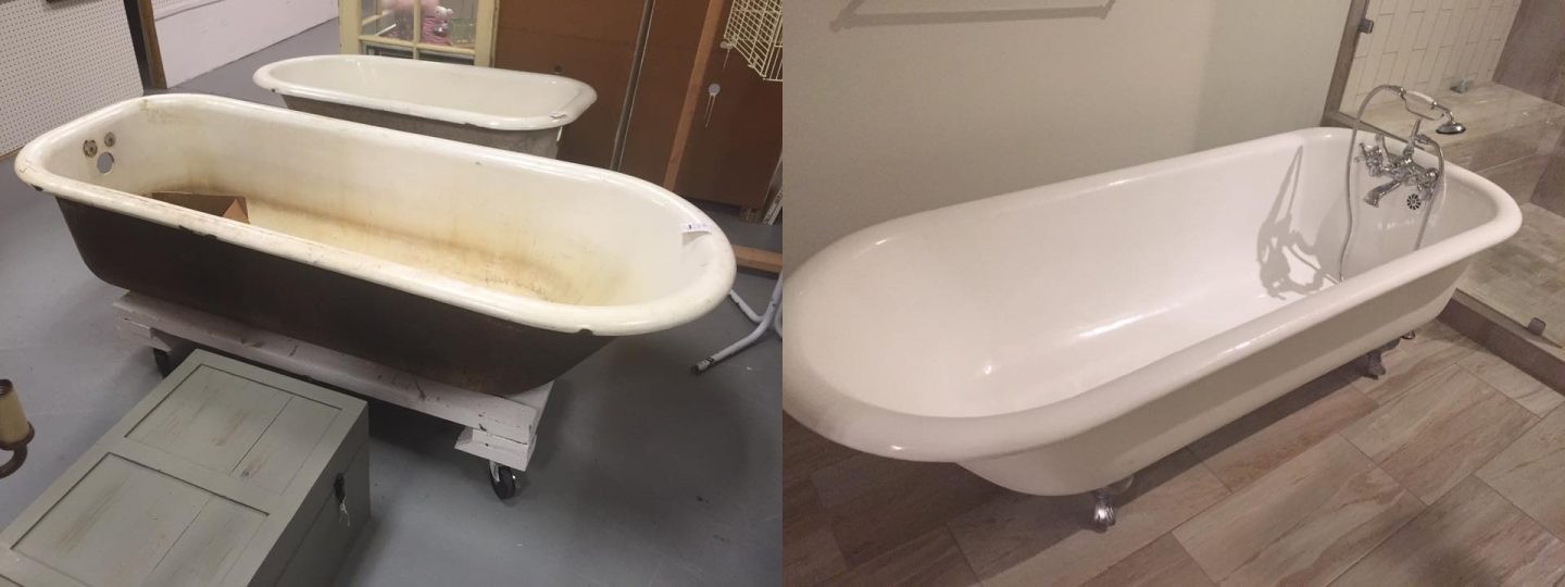 Before and After of an old clawfoot tub that is rusty and stained and then with a new white clean surface in Summit County Ohio