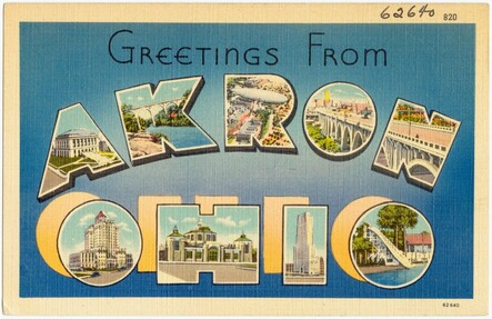 An old postacard from Akron Ohio. Greetings from Akron Ohio. Summit County OH