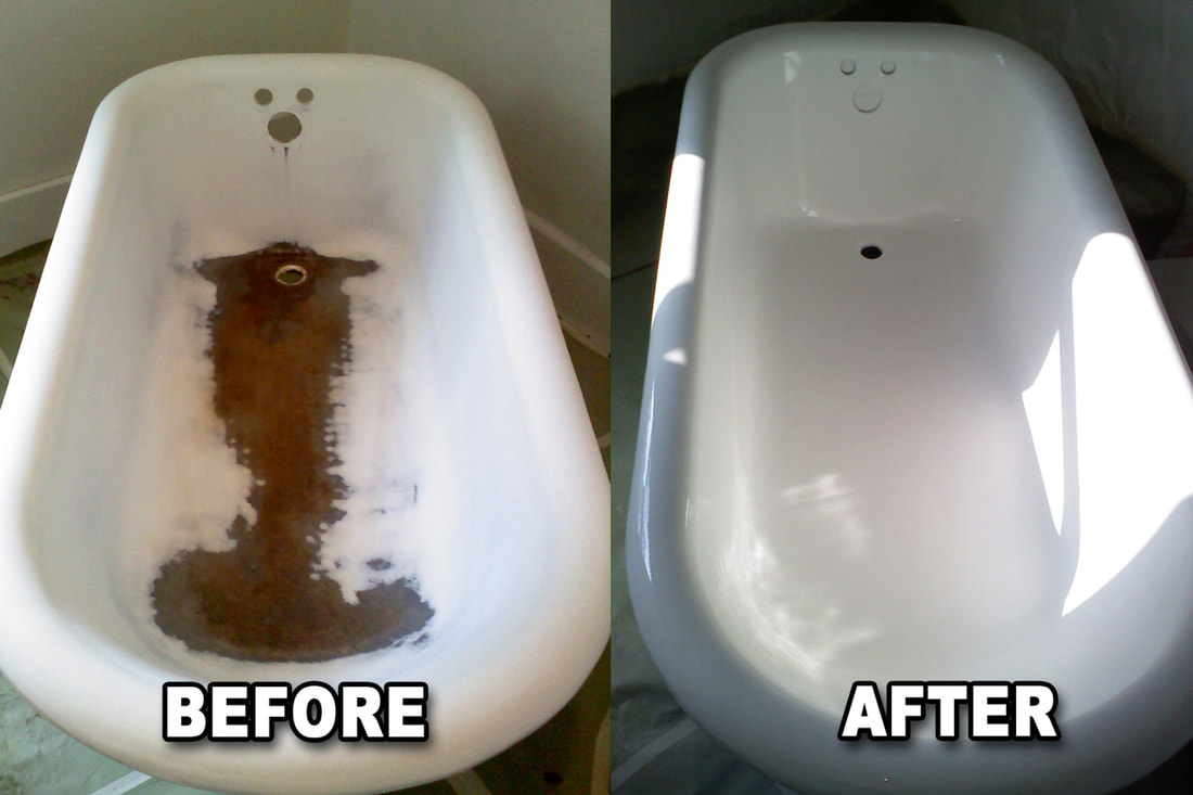 Before and after of a rusty old tub and then a new refinished tub in Summit County Ohio